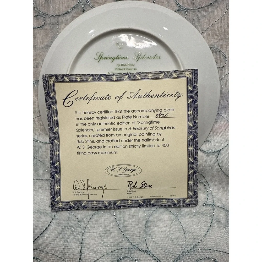 W.S. George SPINGTIME SPLENDOR Treasury of Songbirds‎ Cardinals  Plate COA FGJWP